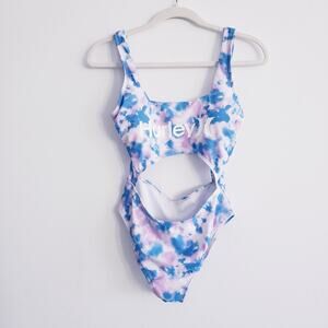 Hurley Tie Dye Cutout One-Piece Swimsuit  w Logo Purple Blue Small